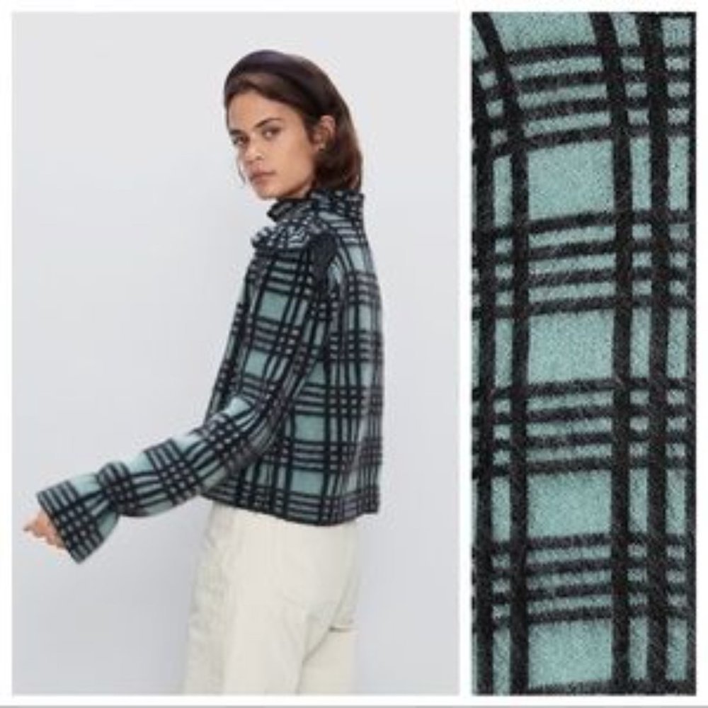 ZARA wool mohair sweater NWT green black S ruffle shoulder soft - Picture 2 of 13